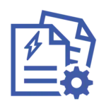 A blue icon showing two overlapping document sheets with horizontal lines, paired with a lightning bolt in the upper left corner and a gear in the bottom right corner to represent customizable report settings.