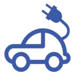 A blue line-art icon of a small car where the roofline transitions into an electric vehicle charging cable and plug.