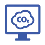 A blue line-art icon of a desktop computer screen featuring a carbon dioxide (CO2) cloud symbol, representing an emissions monitoring dashboard.