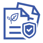 A blue line-art icon showing two overlapping document pages; the front page has a leaf logo and a shield with a checkmark, representing tracked and verified sustainability plans.