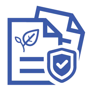 A blue line-art icon showing two overlapping document pages; the front page has a leaf logo and a shield with a checkmark, representing tracked and verified sustainability plans.