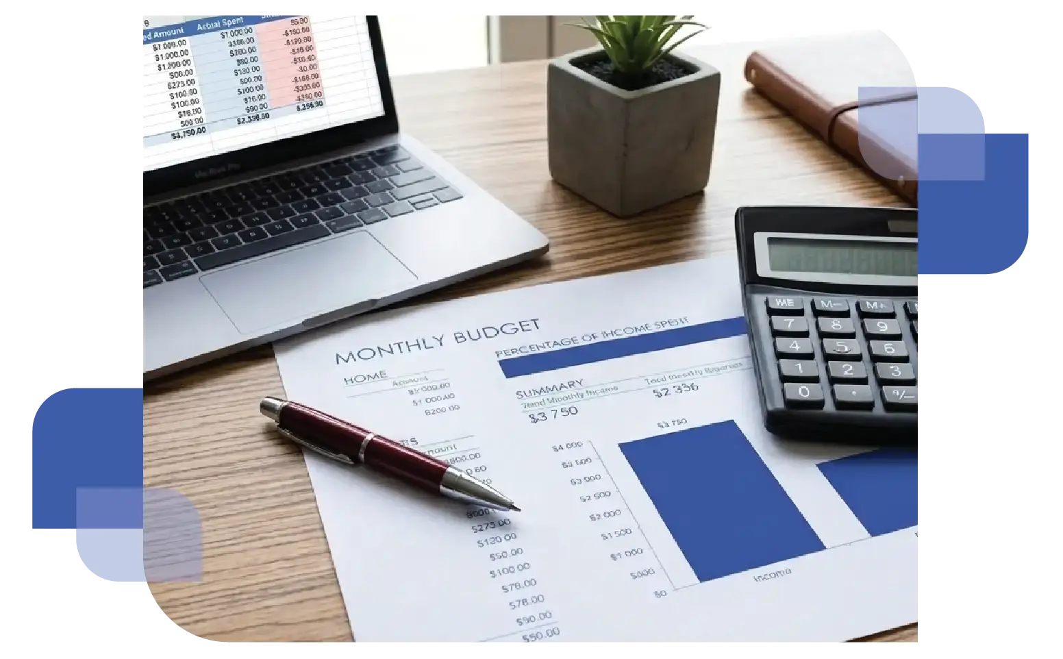 A professional desk setup featuring a calculator, a monthly budget report, and a laptop displaying energy analytics, representing transparent and predictable utility pricing.