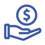 Blue line-art icon of a hand holding a coin with a dollar sign, representing the analysis of the cost to serve individual utility customers.