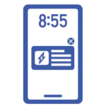 A stylized blue smartphone icon with a clock showing 8:55 and a message bubble containing a lightning bolt, symbolizing real-time utility communication.