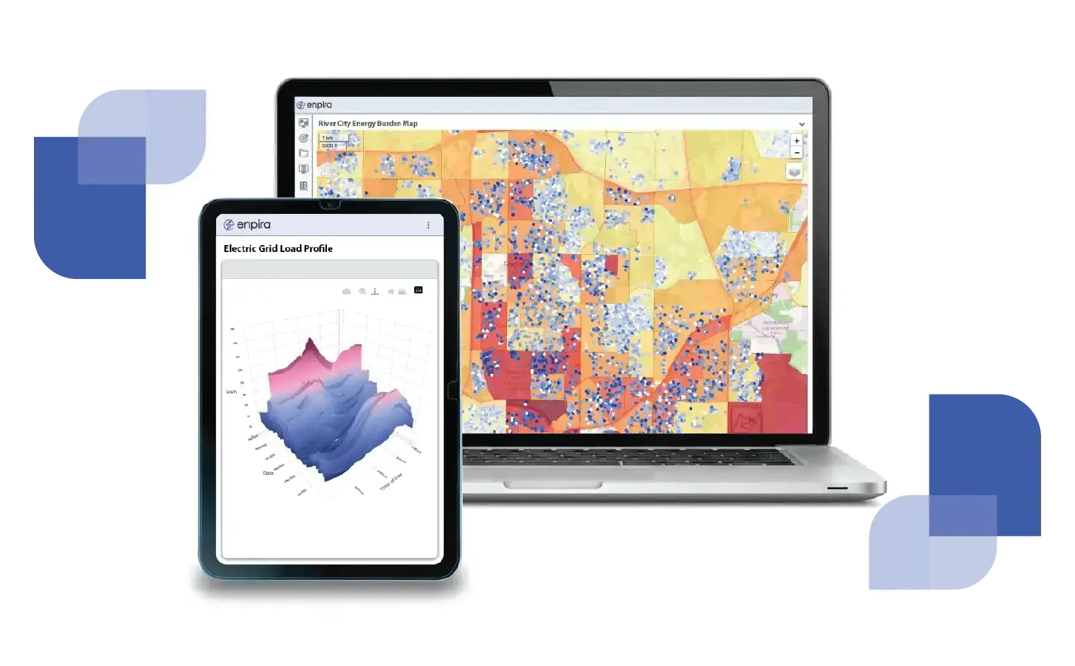 A laptop and tablet displaying the Enpira software dashboard, showing high resolution Electric Grid Load Profile data and a map with customer information for electric utilities.
