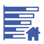 Blue line-art icon showing a house silhouette integrated with a bar graph, representing residential energy data and efficiency.