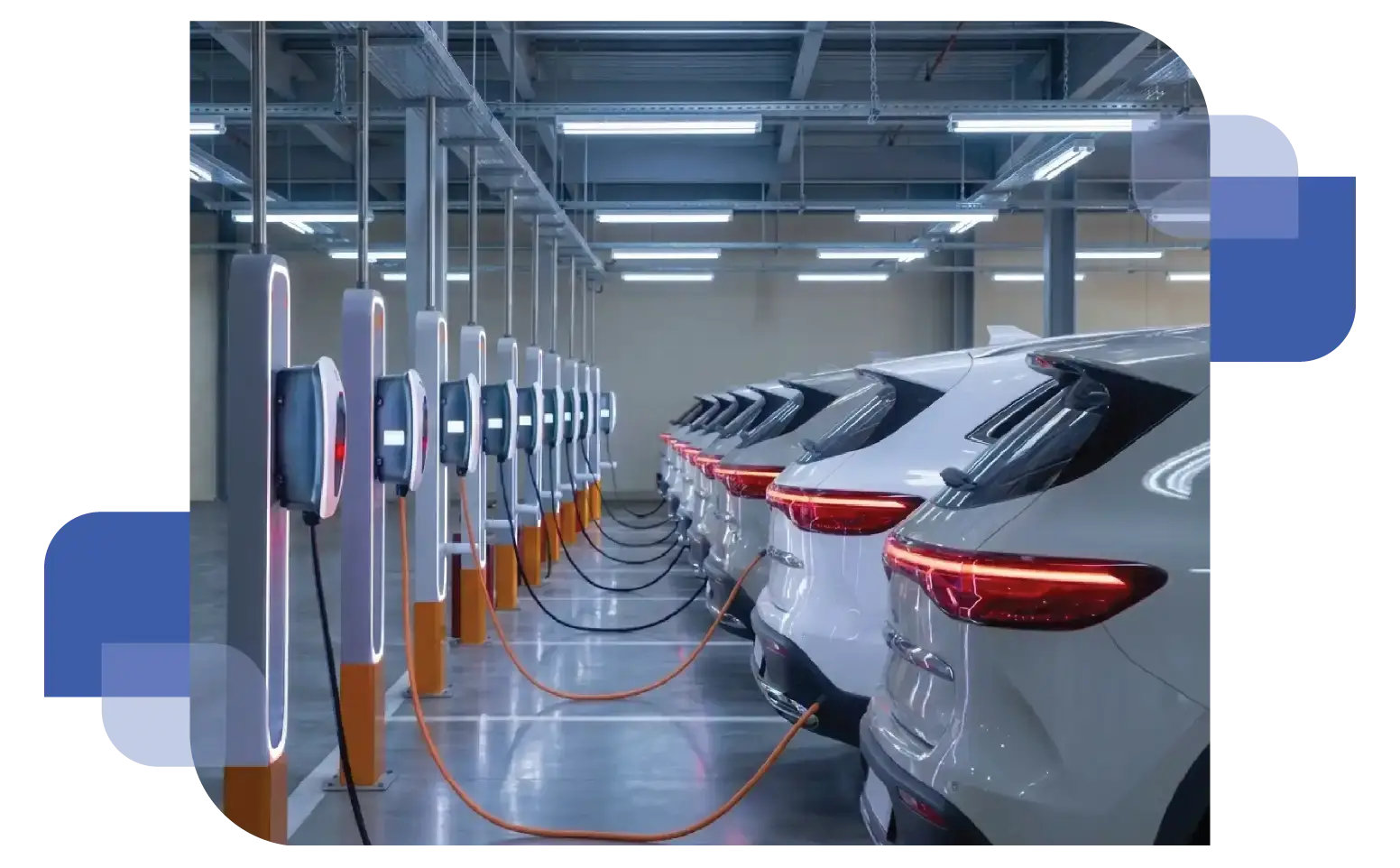 A line of modern white and grey electric cars charging at a grid facility with blue decorative graphic elements, illustrating Enpira's grid and distributed device analytics.